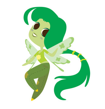 Vector cartoon image of a cute female fairy with big eyes, green skin and long green hair, with light green butterfly wings in green pants and a T-shirt on a white background. Made in a flat style.