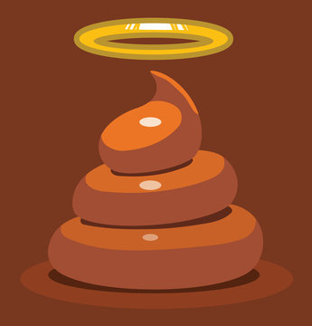 Vector cartoon image of Holy shit, brown color with yellow halo on top on a dark brown background. Vector illustration.
