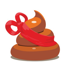 Vector cartoon image of Holy shit, brown color with yellow halo on top with red festive ribbon on a white background. Very bad gift. Vector illustration.