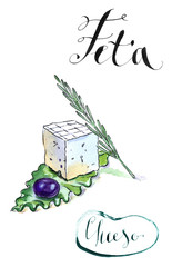 Delicious sliced Greek feta cheese with olive, rosemary and sala