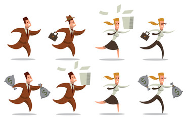 Vector cartoon image of a set of businessmen in a brown suits and business women in black pants, skirts and white blouses, running with various objects on a white background. Vector illustrations.