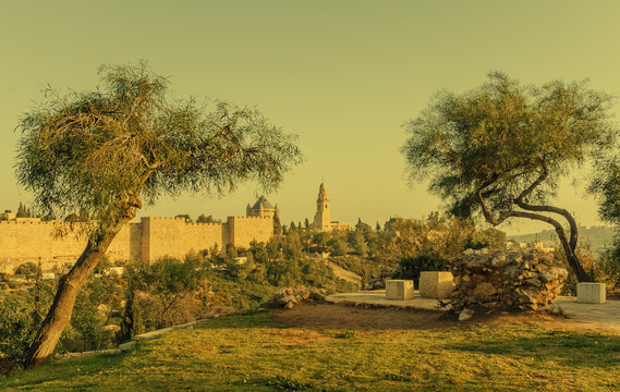 Biblical motifs with Holy hills of Jerusalem. Image toned for inspiration of retro style