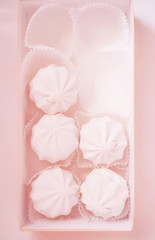 Delicious pink marshmallows in a box