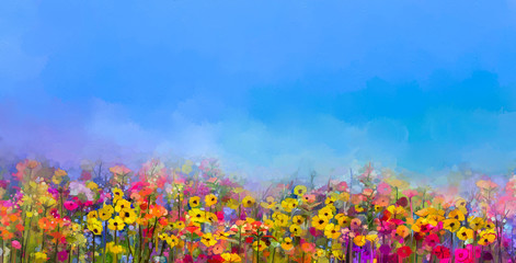 Panele Szklane  Abstrakcyjny obraz olejny przedstawiający letnie wiosenne kwiaty. Chaber, stokrotka na polach. Krajobraz łąka z wildflower, fioletowo niebieski kolor tła nieba. Ręcznie malowany kwiatowy styl impresjonistyczny