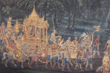 the Ramayana painting on the wall in public temple in thailand
