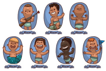 Vector set of blue oval frames with banners  and with cartoon image of cute little boys in a light blue diapers in different poses, with various toys on a white background. Vector illustration.