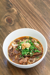 Rice noodles with spicy pork sauce (Nam ngiao) is a noodle soup