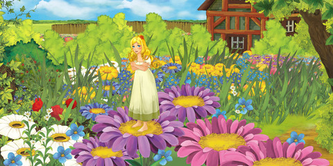 Cartoon farm scene with little elf girl on flowers - image for different fairy tales - illustration for the children