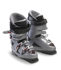 Used Silver Ski boots on white background with shadow