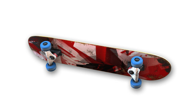 Red skateboard with blue wheels, sports equipment isolated on white background, bottom view