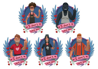 Vector set of images of blue oval frames with wings, roses, a red banners with a cartoon image of different angry men showing middle finger in the center on a light background. Vector illustration.