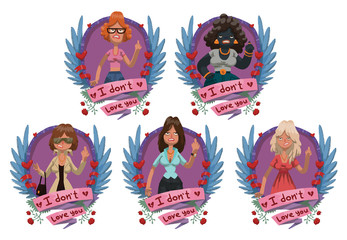 Vector set of images of blue oval frames with wings, roses, red banners with different cartoonish image of angry women, showing middle finger in the center on a light background. Vector illustration.