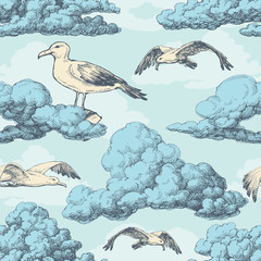Sky seamless pattern, clouds and birds