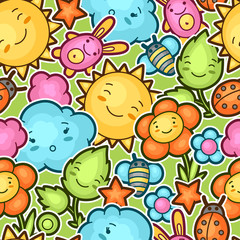 Seamless kawaii child pattern with cute doodles. Spring collection of cheerful cartoon characters sun, cloud, flower, leaf, beetles and decorative objects