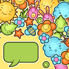Cute child background with kawaii doodles. Spring collection of cheerful cartoon characters sun, cloud, flower, leaf, beetles and decorative objects