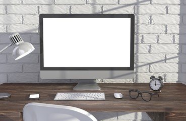 Fototapeta premium 3D illustration PC screen on table in office, Workspace