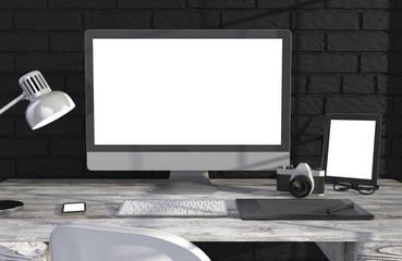 Fototapeta premium 3D illustration PC screen on table in office, Workspace