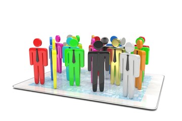group of people figures on tablet PC, 3d render