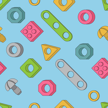 Seamless pattern: Screws and Nuts. Construction Hardware: Bolts, Nuts and Spacers, isolated vector elements for your design