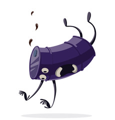 Vector cartoon image of funny purple barrel of black oil with arms and legs falling down with a cry on a white background. The theme of the fall of the price of a barrel of oil. Vector illustration.