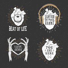 Fototapeta premium Romantic posters with human heart, skeleton hands, gramophone ho