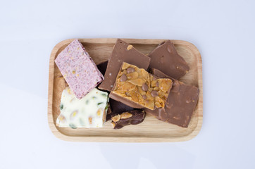 chocolates in white, dark, and milk chocolate.