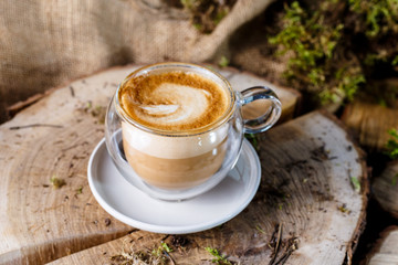 Glass thermo mug of cappuccino stands on the end of a tree.