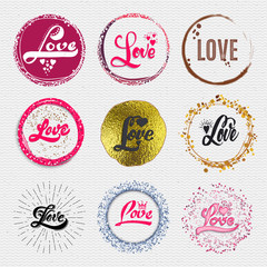 Love - the word as a badge decorated in different part gold, rays, water color, foil, can be used cards, posters, presentations, congratulations