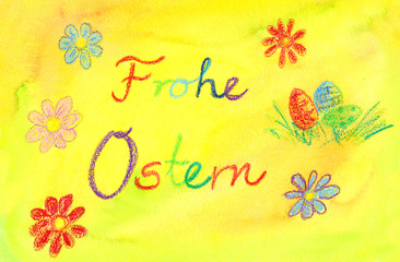 Easter painting with German text "Frohe Ostern" translates into "Happy Easter" in English