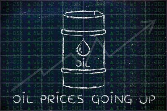 oil barrel on stock exchange background, with text Prices going