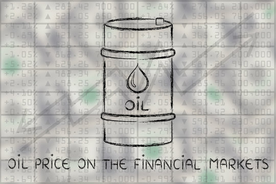 barrel on stock exchange, with text Oil price on the financial m
