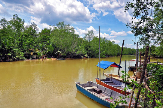 boats resting along river in asian rural area
