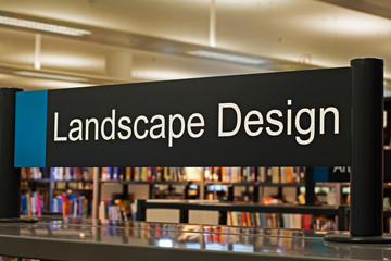 Landscape Design section sign inside a modern public library