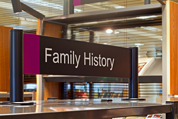  Family History section sign inside a modern public library