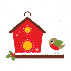 winter bird house and bird on a white background