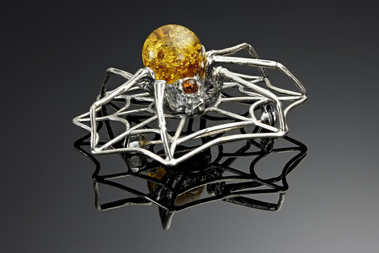 Spider Brooch With Amber