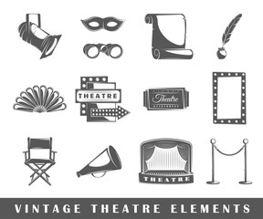 Set of elements of the theater. Elements of theater isolated on white. Symbols for theater design, vector. Silhouettes for logo of the theater. Elements for logos. Theater icons. Vector illustration