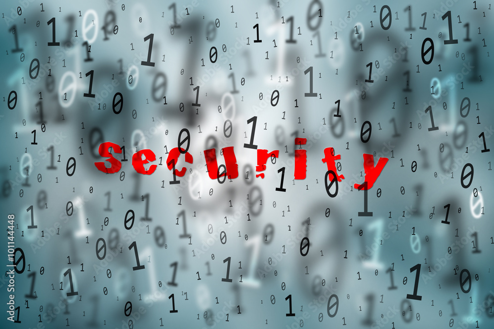 Poster abstract turquoise blue colored scattered binary numbers with red colored security word background i
