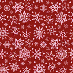 Snowflakes on red background seamless texture, illustration 