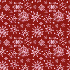 Snowflakes on red background seamless texture, illustration 