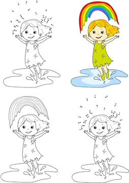 Girl dancing with rainbow . Vector illustration. Coloring and do