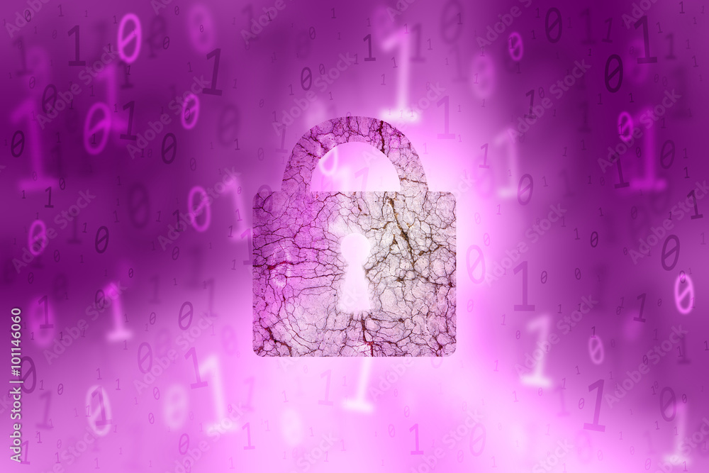 Poster locked aged textured padlock on abstract violet colored scattered binary numbers background illustra