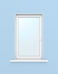 White plastic window on blue wall. 3d illustration