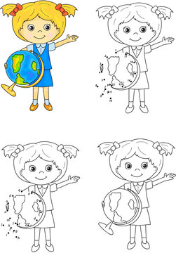 Cartoon schoolgirl with globe. Vector illustration. Coloring and