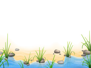 Fototapeta na wymiar Grass and pebbles on a river bank. Vector realistic nature background.