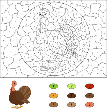 Cartoon turkey. Color by number educational game for kids. Vecto