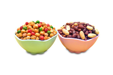 Mix nimko and peanut in bowl isolated on white background