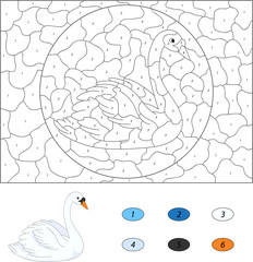 Cartoon swan. Color by number educational game for kids. Vector
