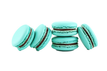 Tasty blue macarons isolated on white