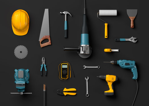 helmet, drill and construction tools
